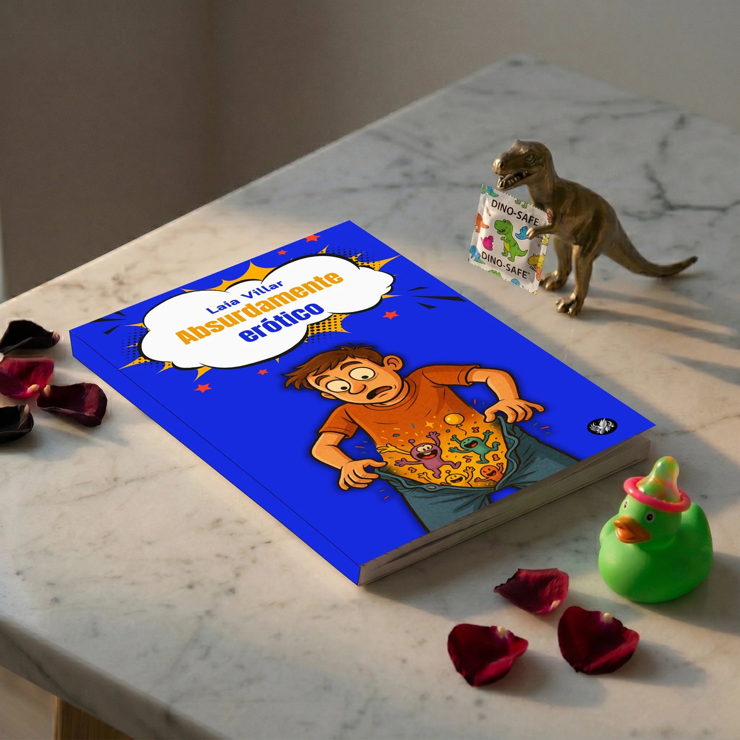 Libro de humor erótico Absurdamente Erótico de Laia Villar, portada azul estilo cómic con personaje cómico sobre mesa de mármol