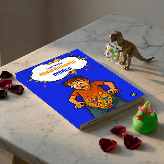 Libro de humor erótico Absurdamente Erótico de Laia Villar, portada azul estilo cómic con personaje cómico sobre mesa de mármol