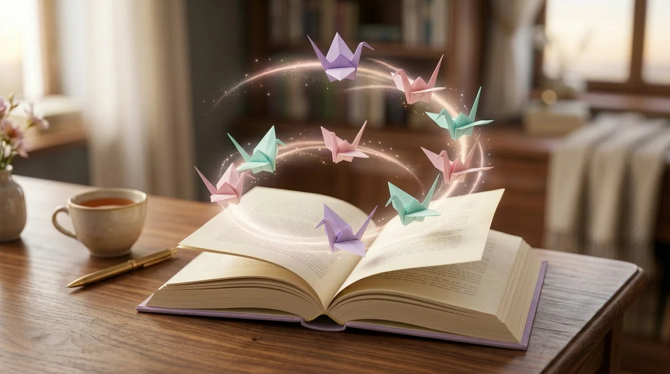 Libro abierto con grullas de origami de colores pastel volando mágicamente, imagen de marca Ales de Paper antipantallas