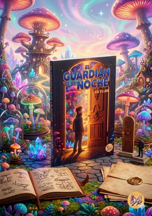 Libro infantil El Guardián de la Noche de Laia Villar, con niño ante una puerta mágica rodeado de setas gigantes y cristales de colores en portada fantástica
