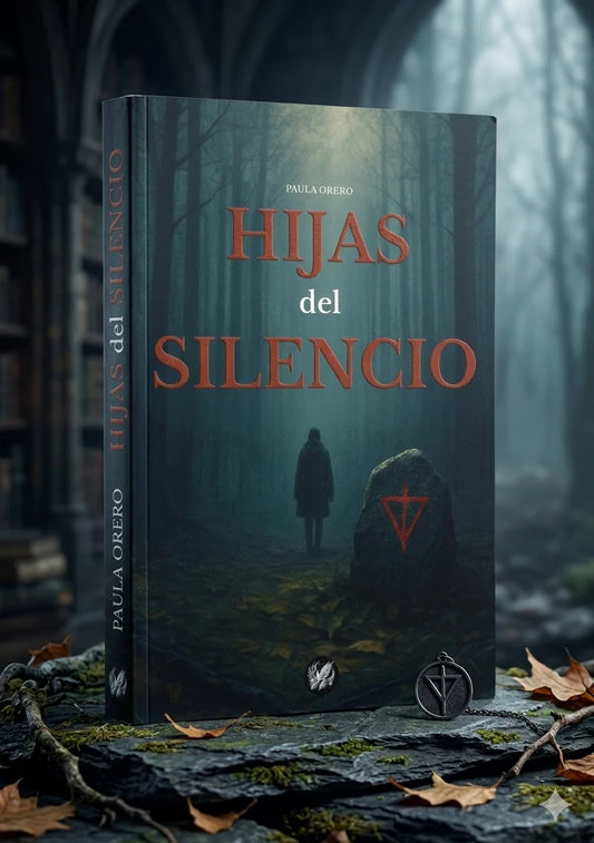 Novela negra Hijas del Silencio de Paula Orero, thriller con figura misteriosa en bosque oscuro y niebla en portada
