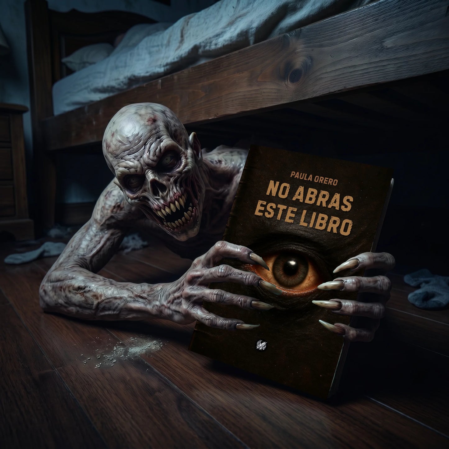 Libro de terror No Abras Este Libro de Paula Orero, con criatura de miedo bajo la cama sosteniendo el libro en portada oscura e inquietante