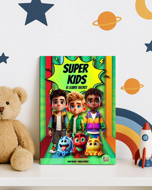Libro infantil Super Kids El Libro Secreto de Laia Villar y Paula Orero, con tres niños y sus monstruitos de colores en portada estilo cómic