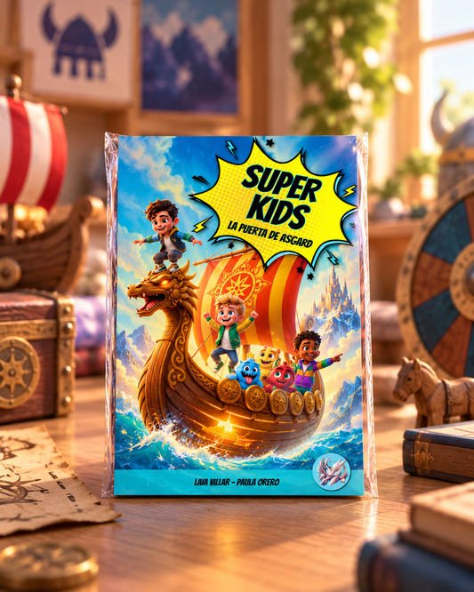 Sobre de cartas coleccionables Super Kids II: La Puerta de Asgard, con personajes y retos infantiles